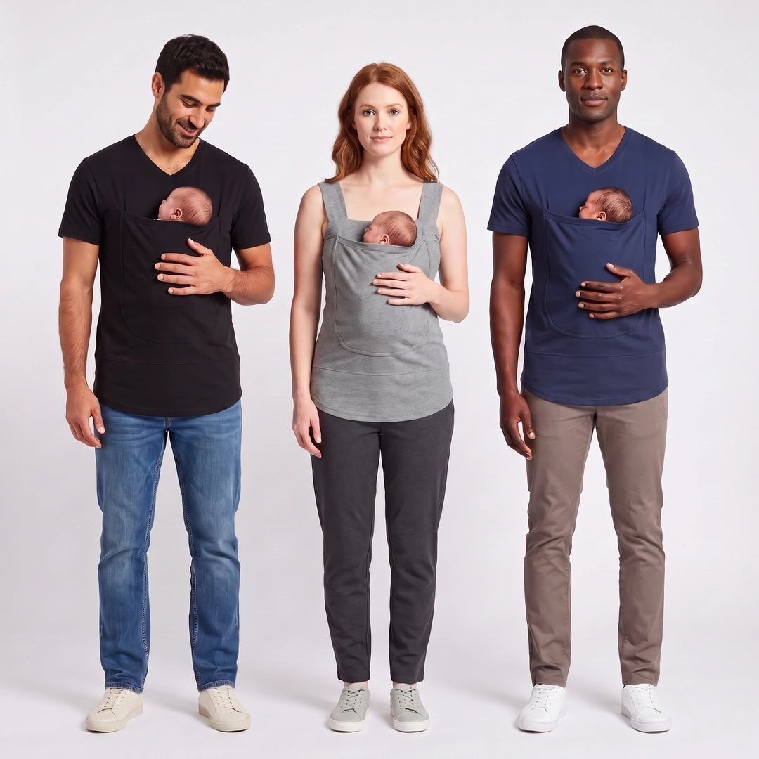 T-Shirt Kangourou porté, bébé installé dans la poche